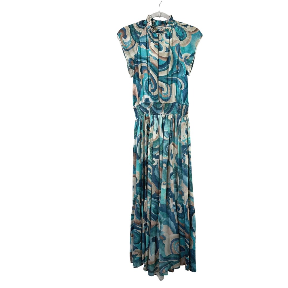 Chufy Kathmandu Heights Cairo Maxi Dress Womens S Teal Abstract Smocked Waist